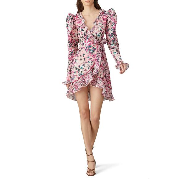 Rococo Sand Dresses & Skirts - Rococo Sand Mimi Wrap Dress Long Sleeve V Neck Ruffled Pink Watercolor Medium